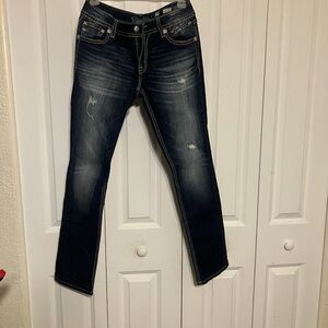Miss Me Denim Jeans, signature cuffed straight style, distressed with bling
